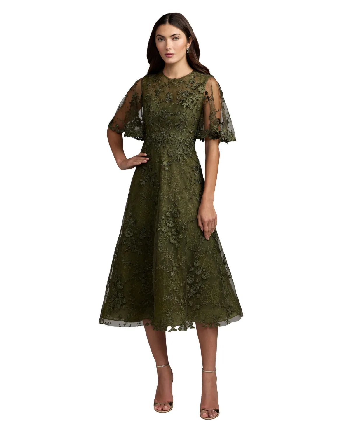 Mac Duggal Flutter Sleeve Embroidered Midi Dress by M.A.C.