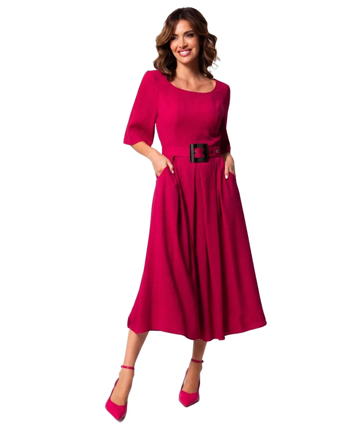 Charlotte Scoop Neck Belted A-Line Midi Dress by Luna Fashion House