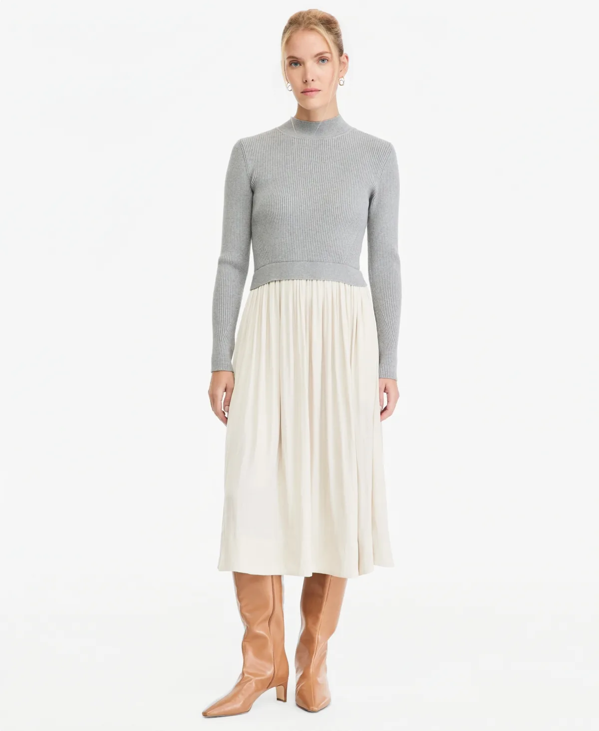 Mock Neck Long Sleeve Sweater Mixed Media Midi Dress by On 34th
