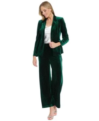Velvet Embellished Notch Collared Blazer Jacket Clean Waistline Velvet Straight Leg Pants by Muse