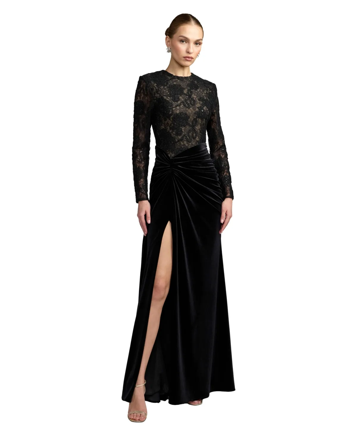 Mac Duggal Petite Floral-Print Long-Sleeve Ruched Lace and Velvet Gown by M.A.C.