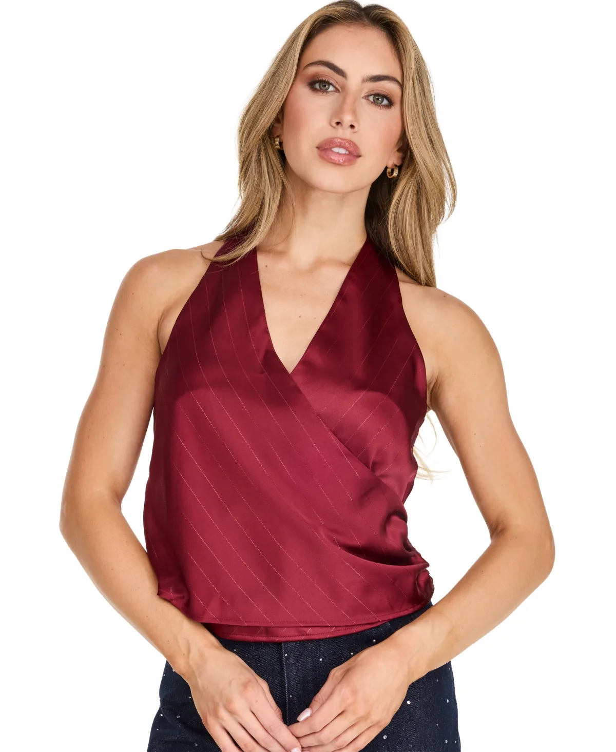 Vivienne V-Neck Striped-Satin Tank by Kittenish