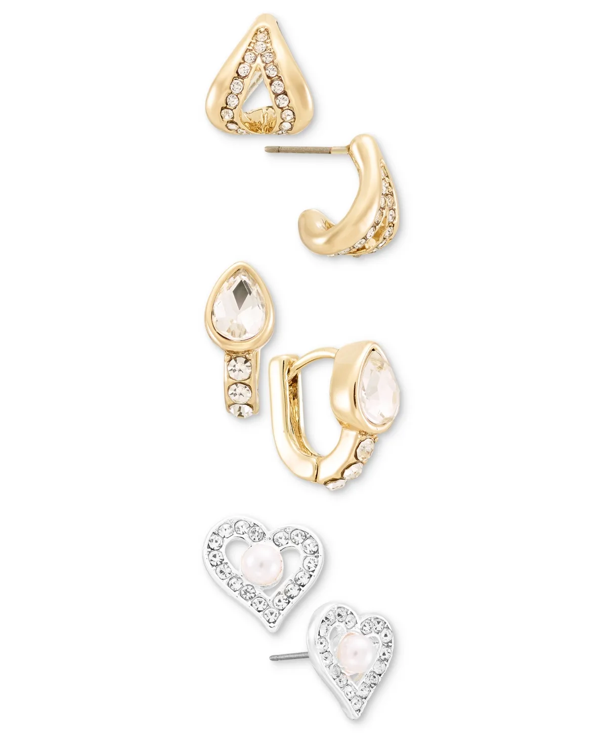 Imitation Pearl & Glass Crystal Heart Stud Earring Trio