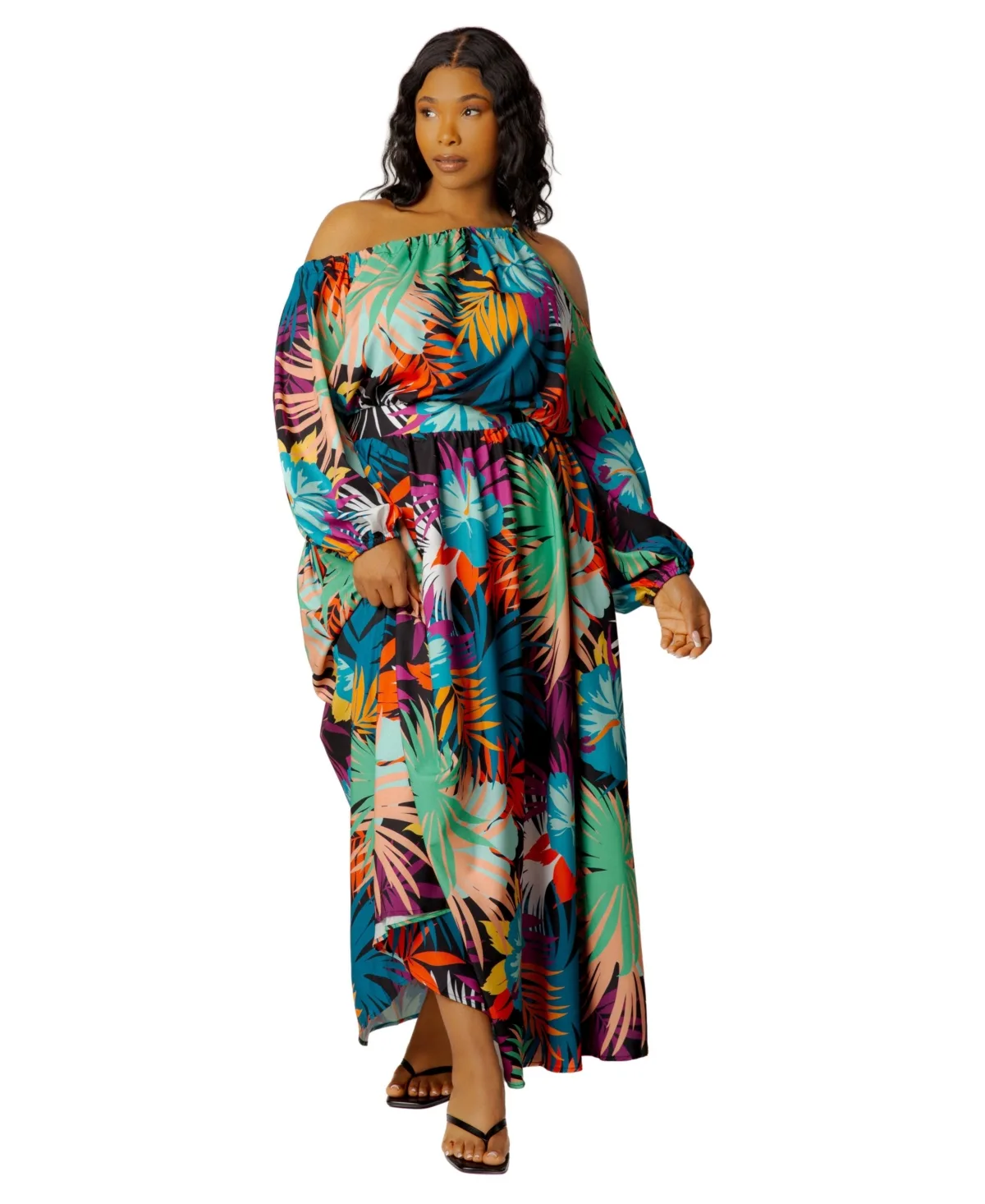 Tropical-Print Voluminous-Sleeve One-Shoulder Maxi Dress