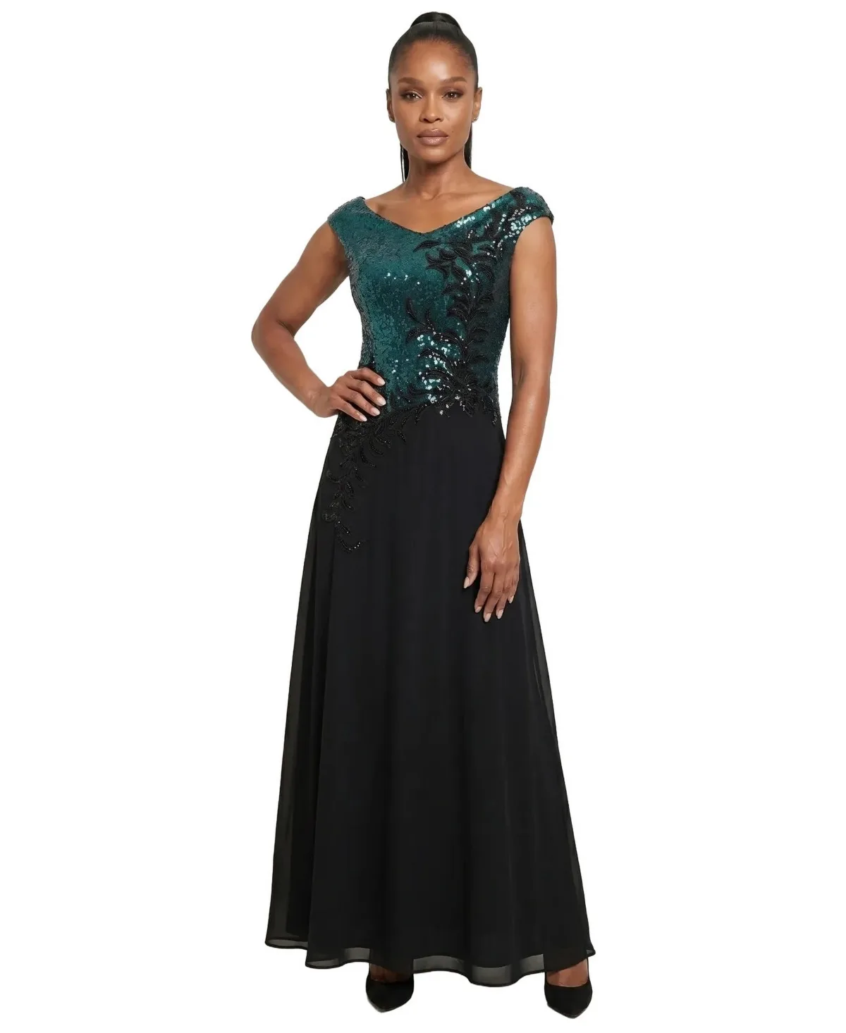 Greta Floor-Length Sequin Floral-Applique Gown by Luna Fashion House
