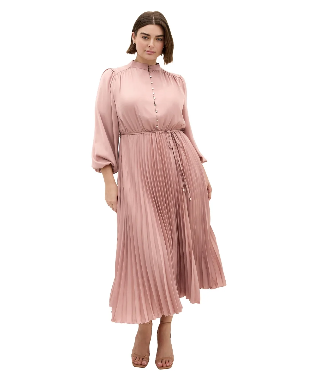 Haley Mandarin-Collar Pleated Maxi Dress by City Chic