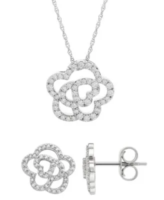 Diamond Flower Stud Earrings Pendant Necklace Collection in 10k White Gold by Wrapped in Love
