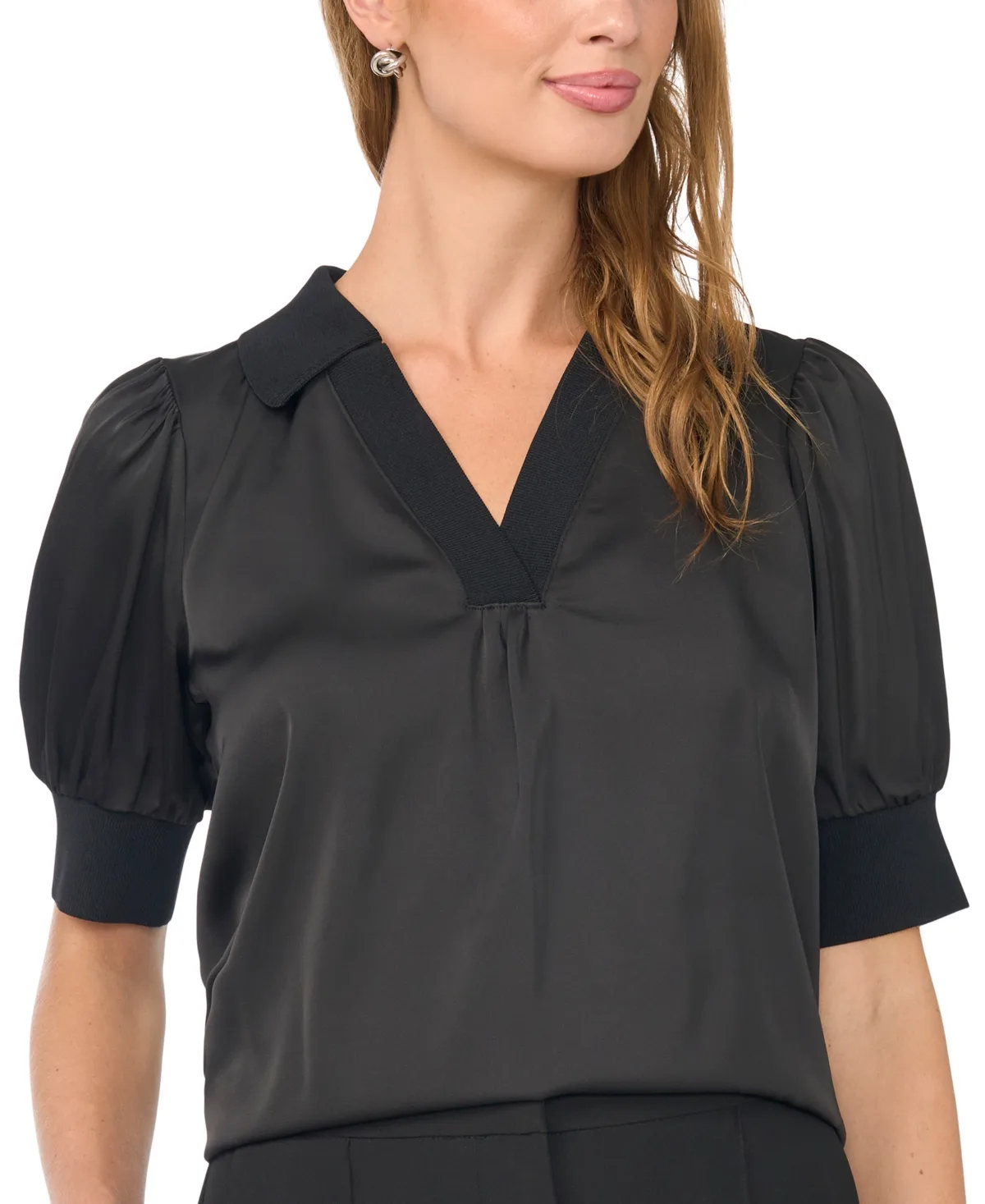 Puff-Sleeve Satin V-Neck Blouse by Vince Camuto