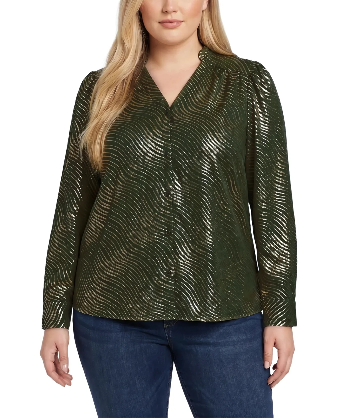 Metallic-Print V-Neck Long-Sleeve Blouse by Ny Collection