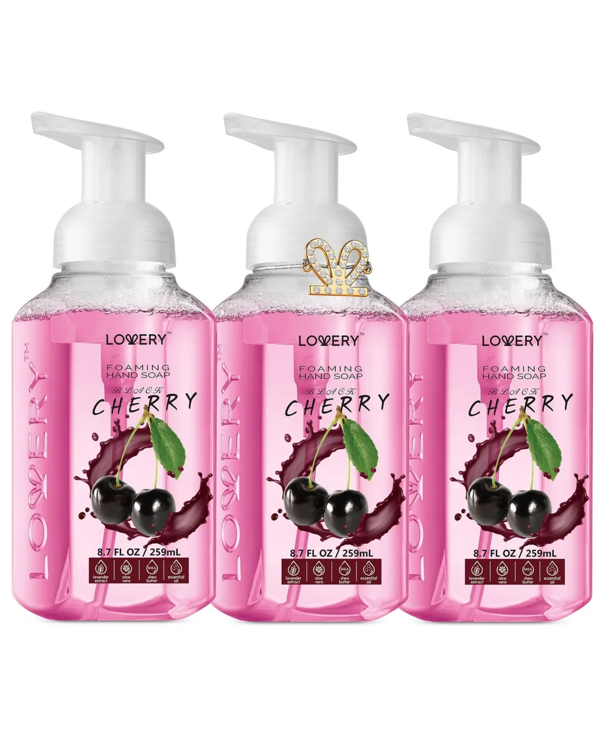 Hand Foaming Soap in Black Cherry, Moisturizing Hand Soap with Flawless Crystal Heart Bracelet - 4 Piece Hand Wash Set by Lovery