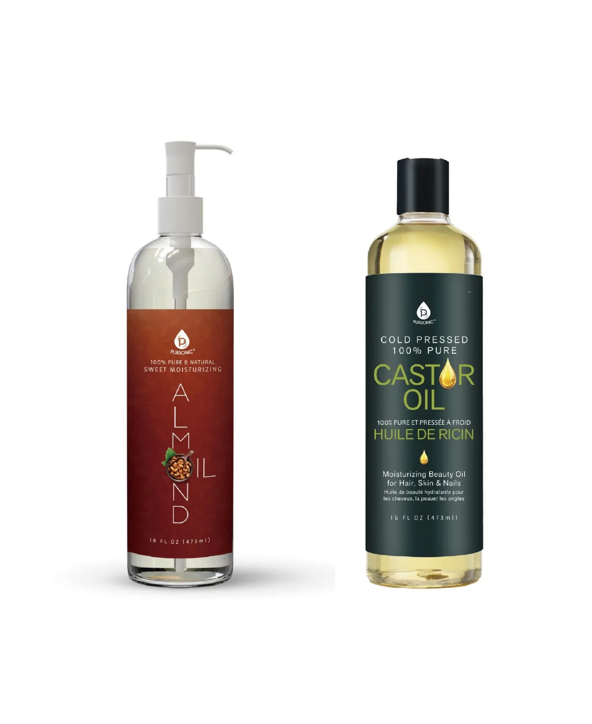 Cold-Pressed 100% Pure Castor Oil and 100% Pure Sweet Almond Oil by Pursonic