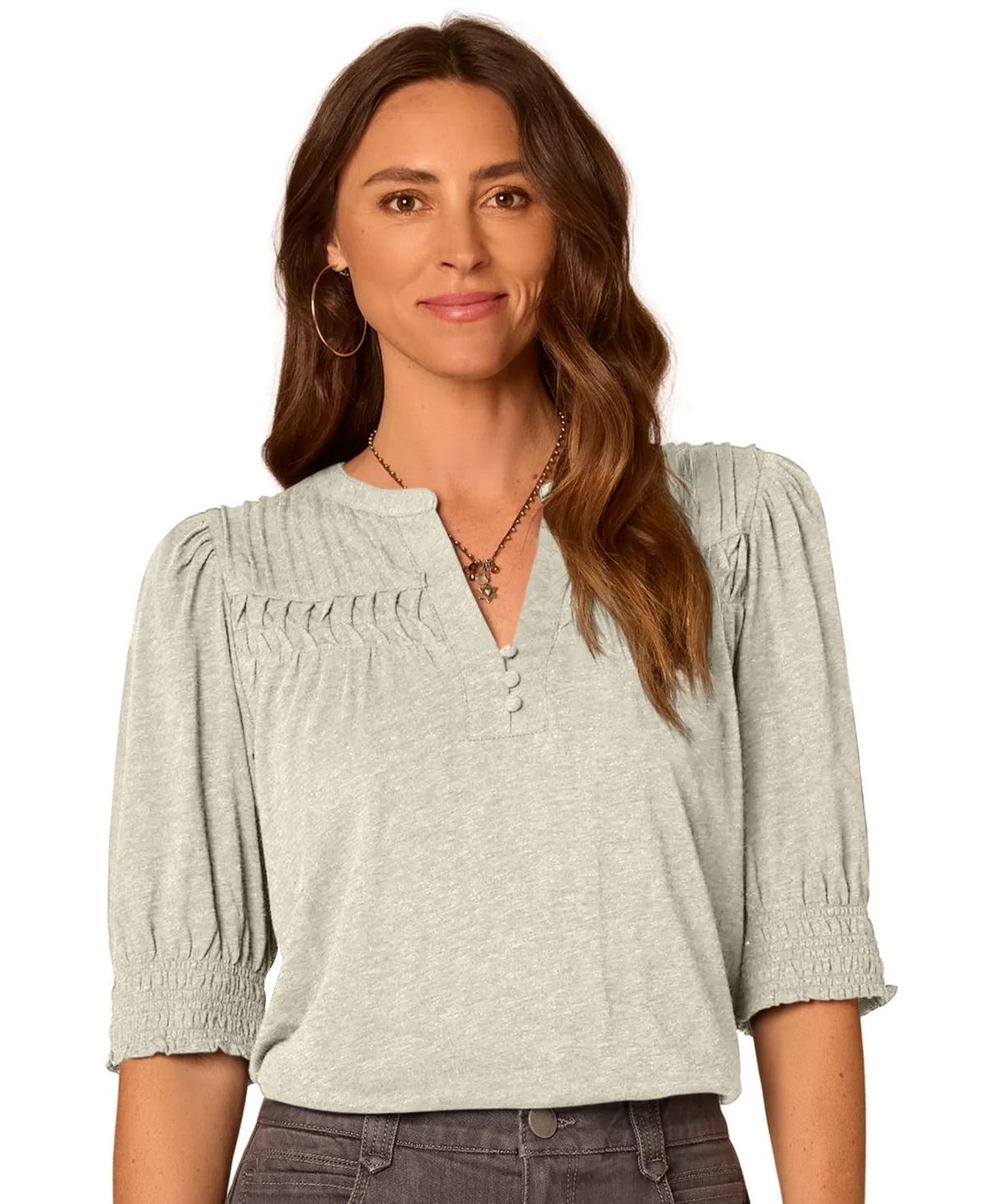 Blouson-Sleeve Mandarin Collar Knit Top