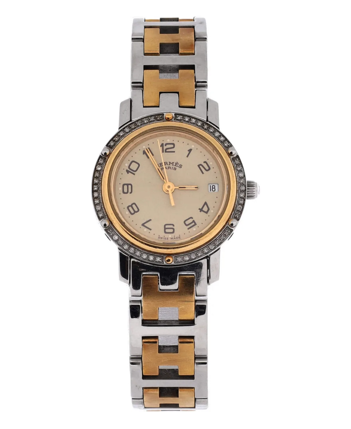 Pre-Owned Hermes Clipper Quartz Watch in Stainless Steel and Plated Metal with Diamond Bezel 24mm