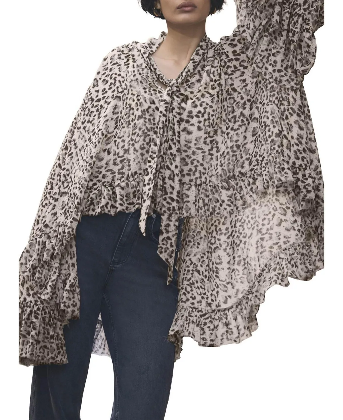 Leopard-Print Long-Sleeve Tie-Neck Blouse by Mint Velvet