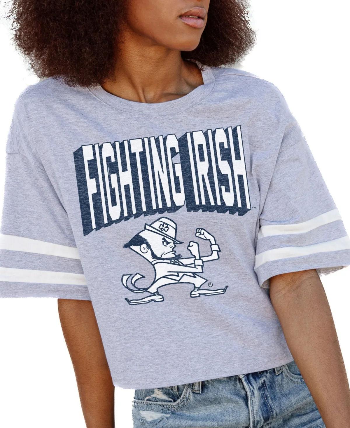 Notre Dame Fighting Irish No Shortcuts Drop Shoulder Sleeve Stripe Cropped T-Shirt by Gameday Couture