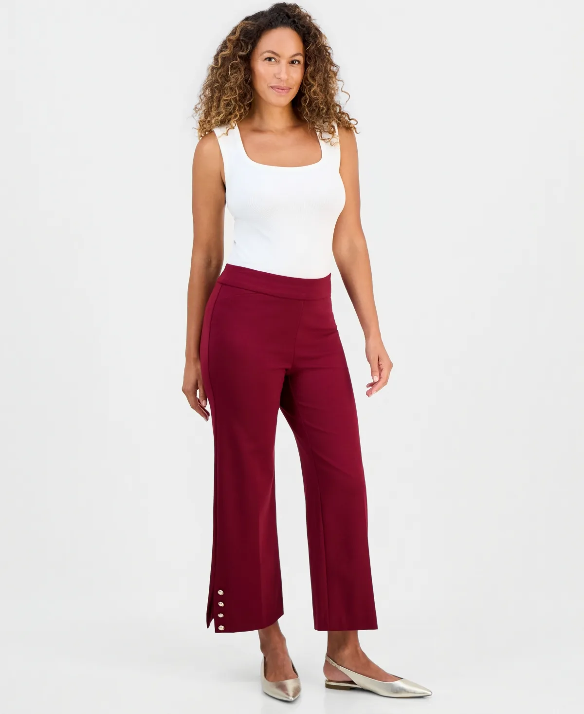 Wide-Leg Cropped Button Pants
