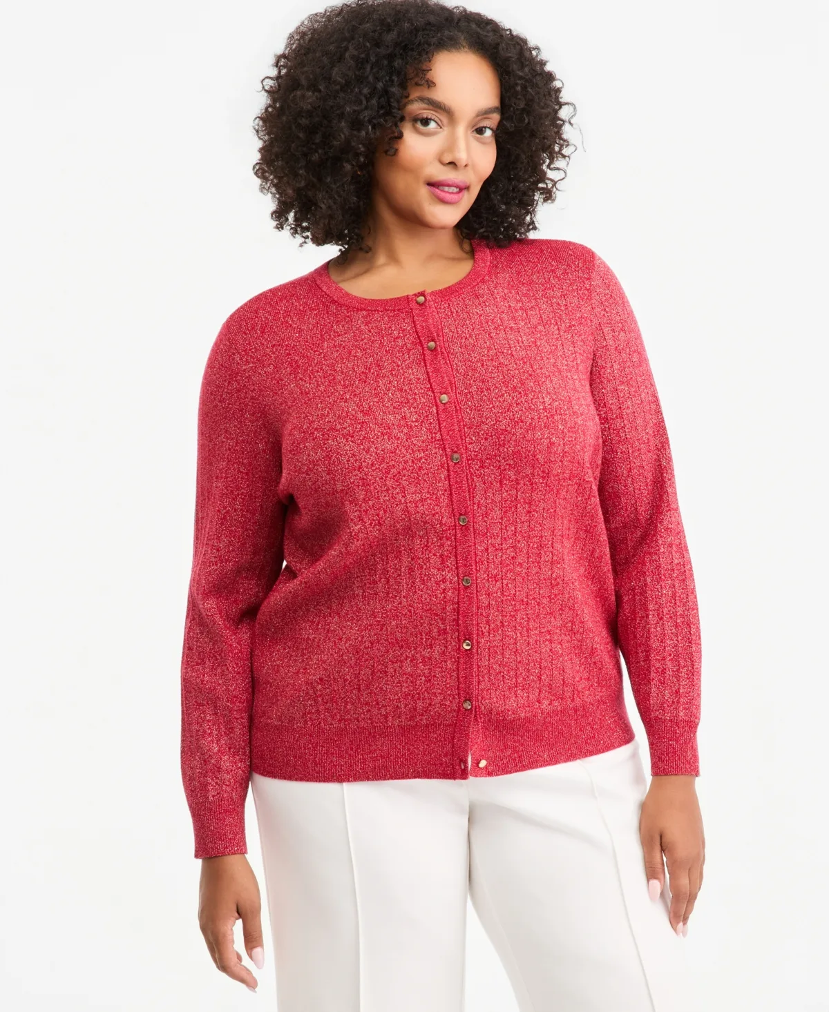 Lurex Pointelle Crewneck Long-Sleeve Cardigan by JM Collection