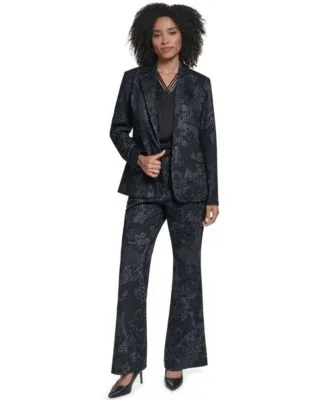 Kl671 Floral Blazer Sleeveless V Neck Blouse Top Wide Leg Floral Print Jacquard Pants