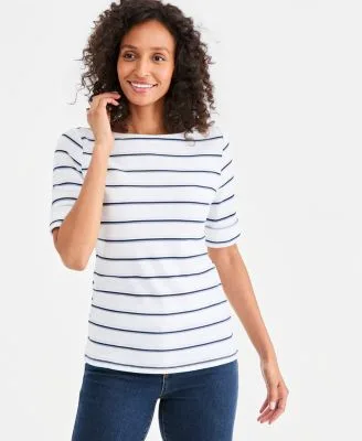 Printed Boat Neck Elbow Sleeve Top by Style & Co