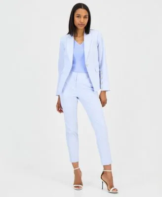 Seersucker Stripe Cotton One Button Blazer V Neck Sleeveless Ribbed Knit Top Seersucker Stripe Cotton Slim Leg Pants by Tahari