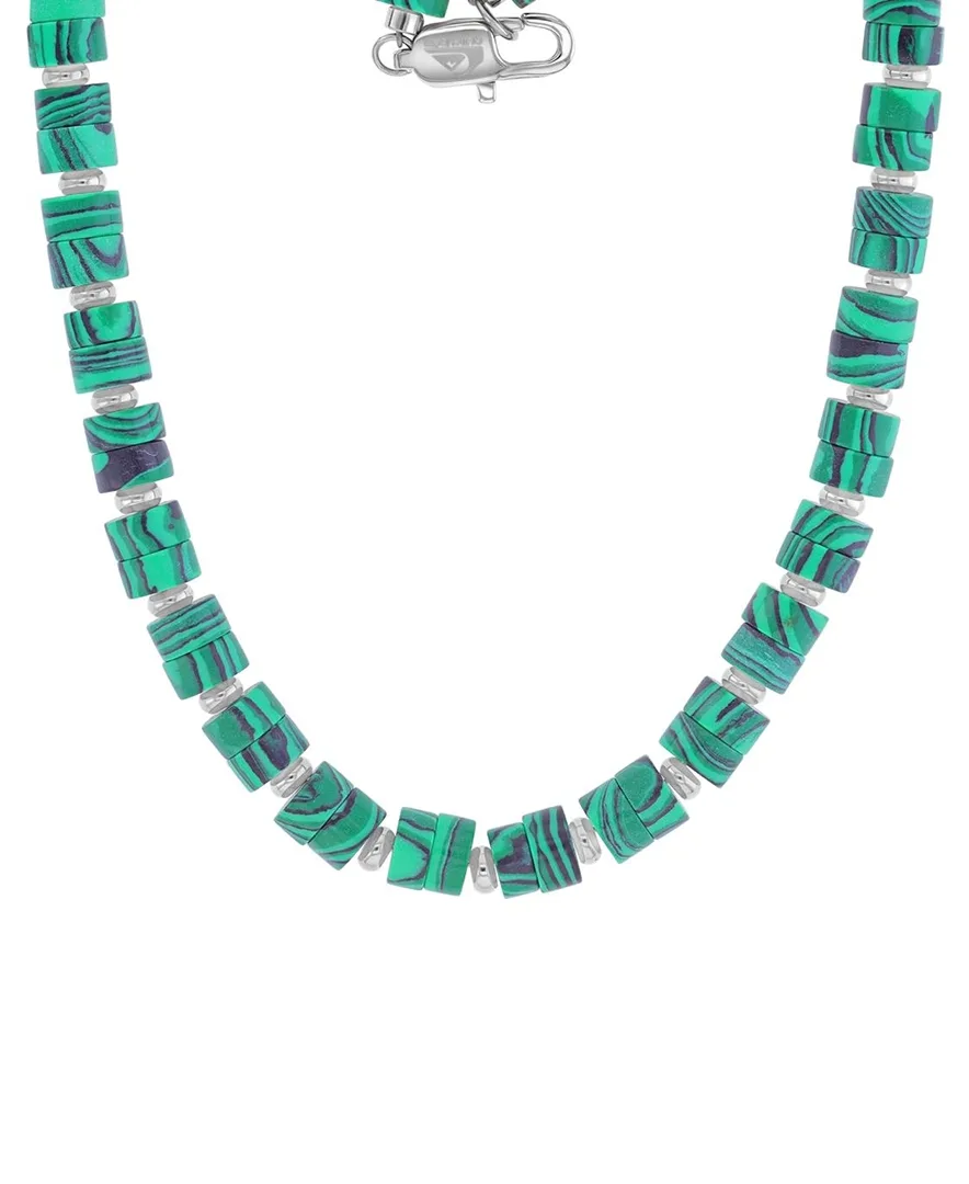 Platinum-Plated Steel Malachite Polished Plate Beads Necklace by Quiksilver