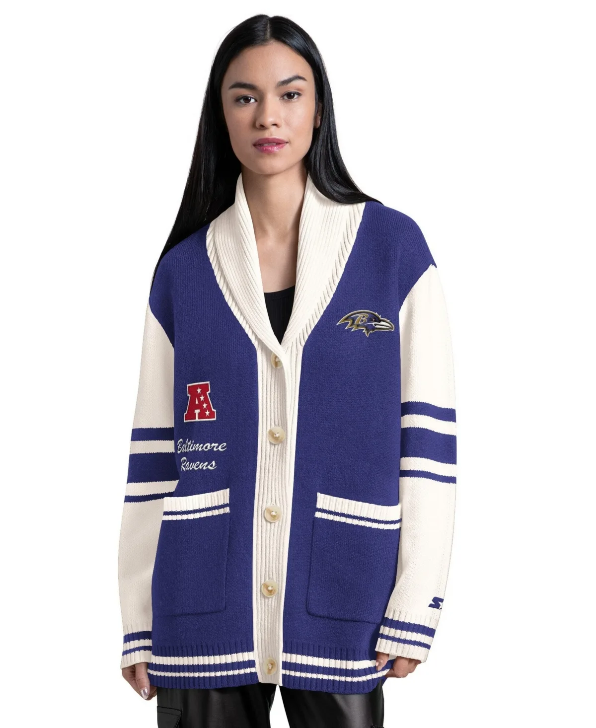 Baltimore Ravens Strike Zone Shawl-Collar Button-Up Cardigan Sweater