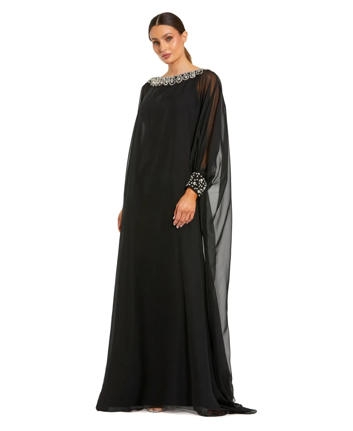Chiffon Long Sleeve Kaftan Gown with Beaded Neckline