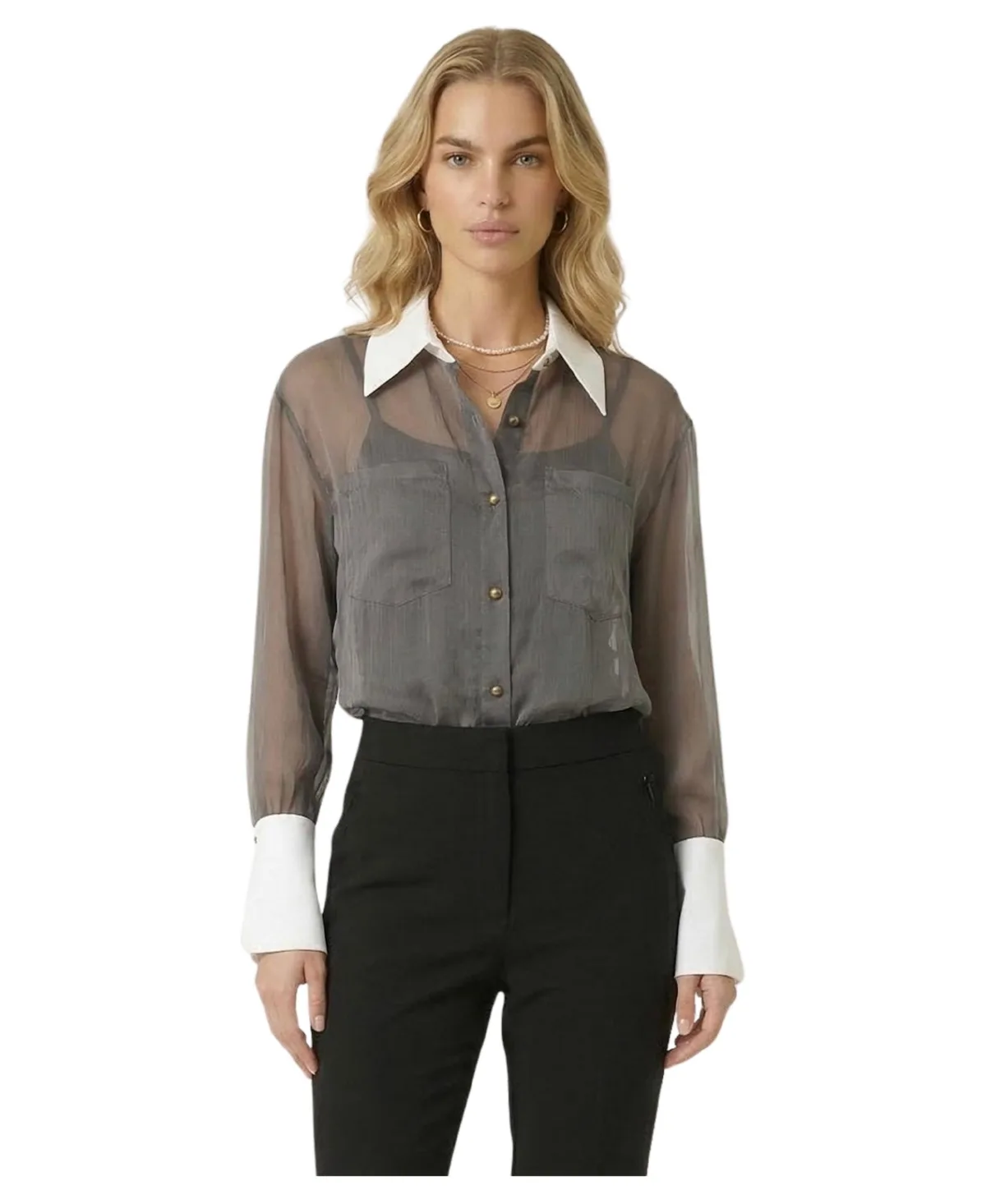 Sheer Contrast-Collar Long-Sleeve Blouse by Modenaire