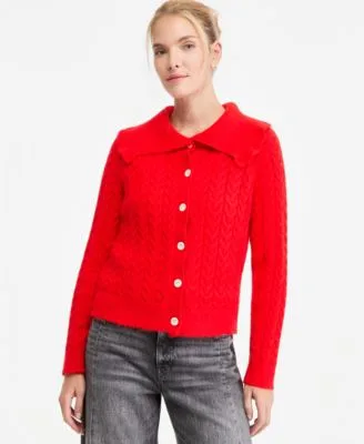 Cable Knit Fold Over Collar Cardigan by On 34th