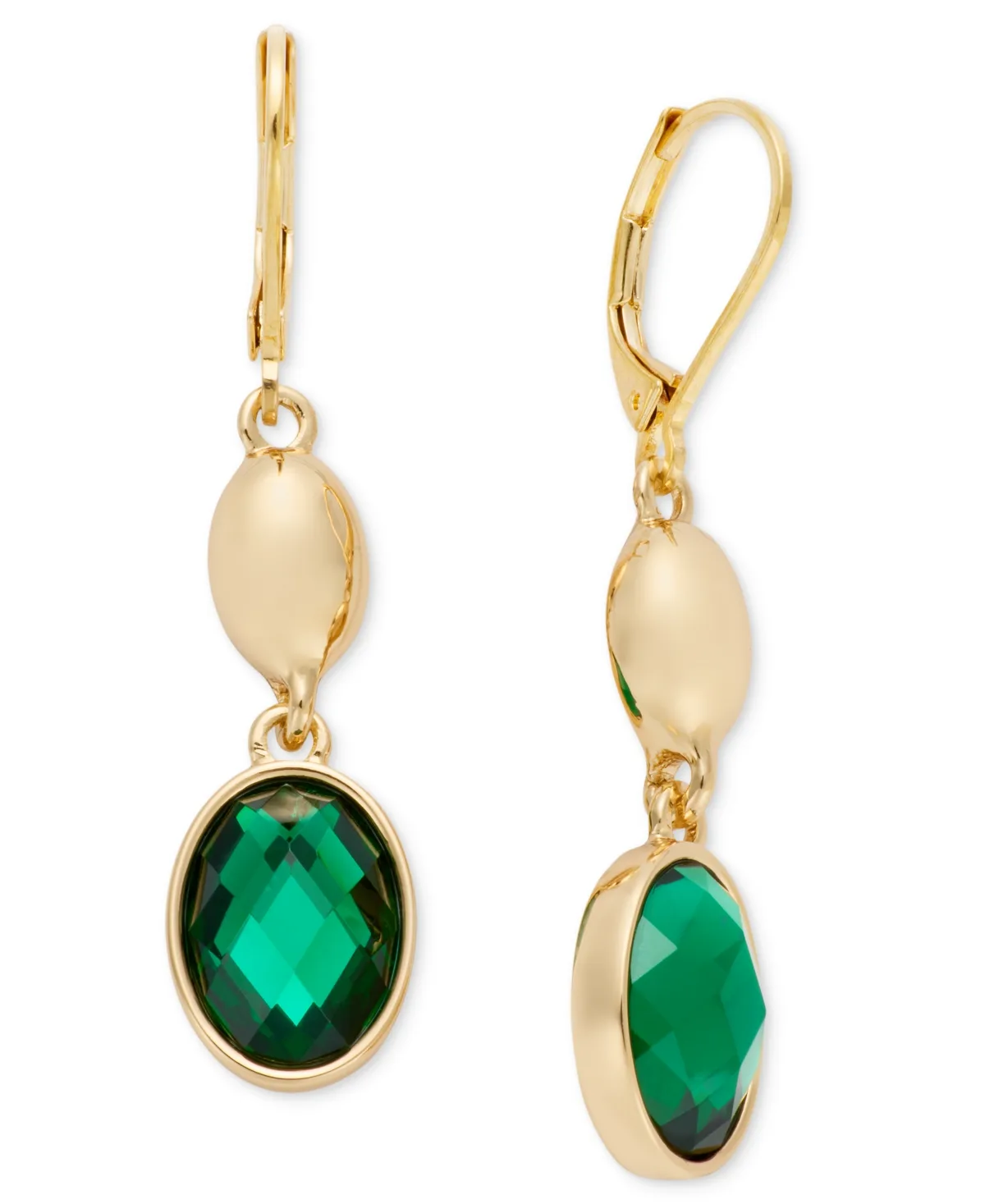 Gold-Tone Imitation Crystal and Emerald Domed Double Drop Earrings