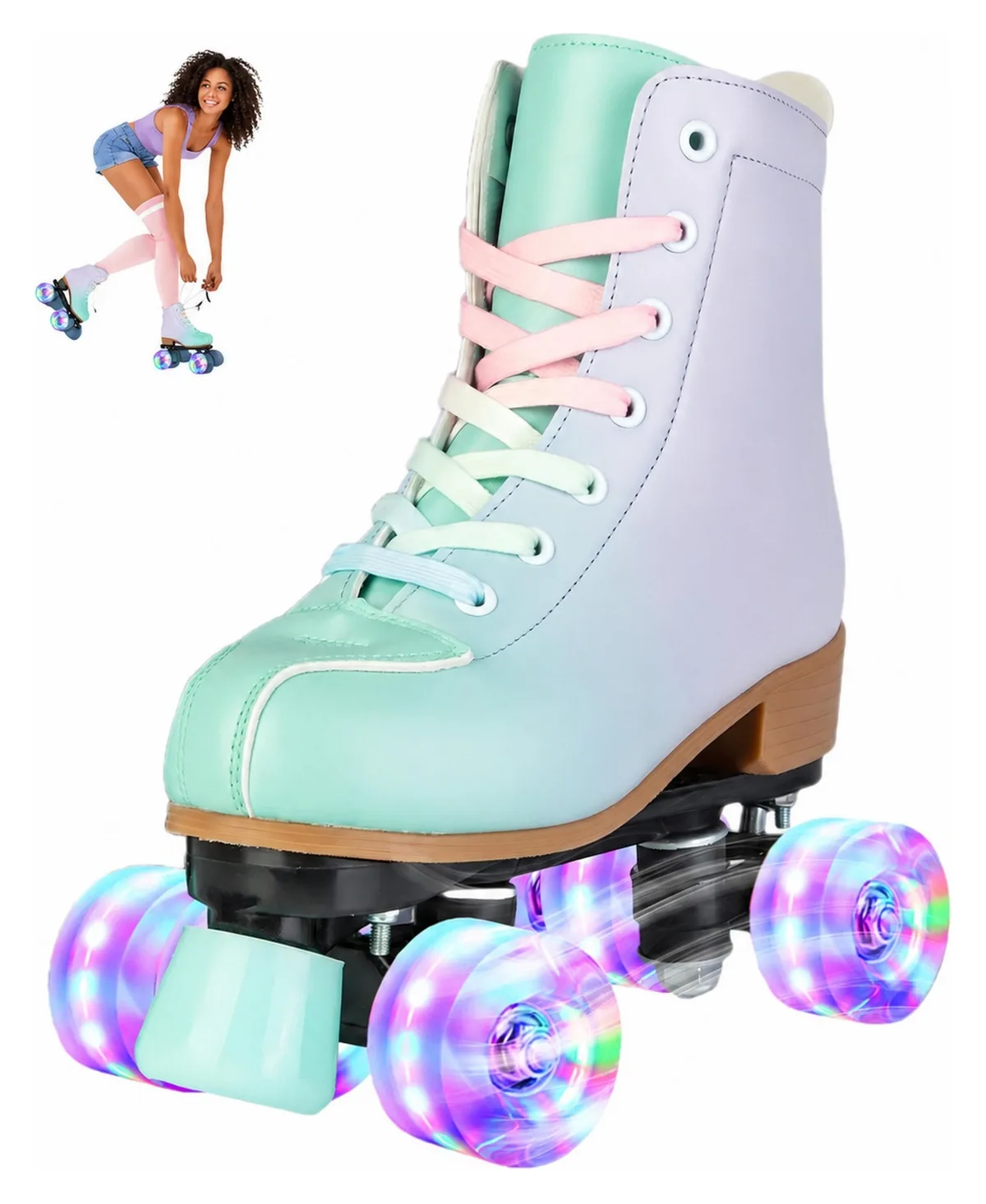 Adjustable Purple Green Flash Wheel PU Leather Beginner Roller Skates Indoor Outdoor by Magicorange
