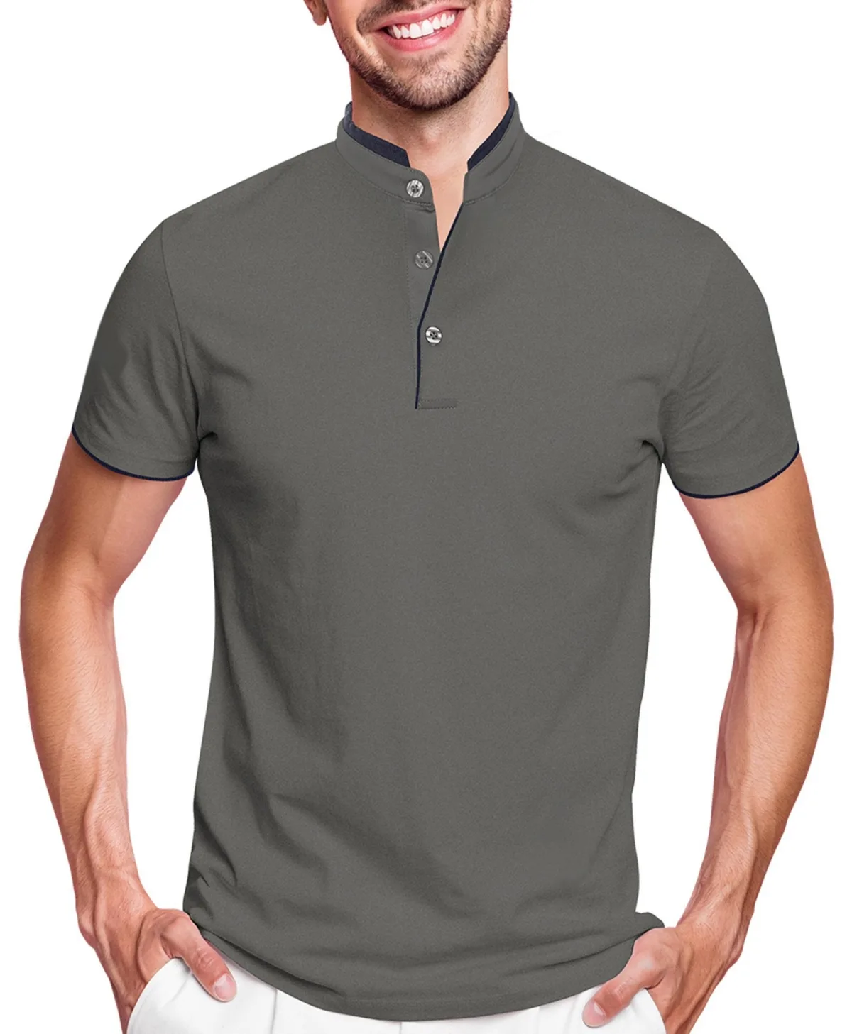 Short Sleeve Henley Polo Shirt with Contrast-Trim by Mio Marino