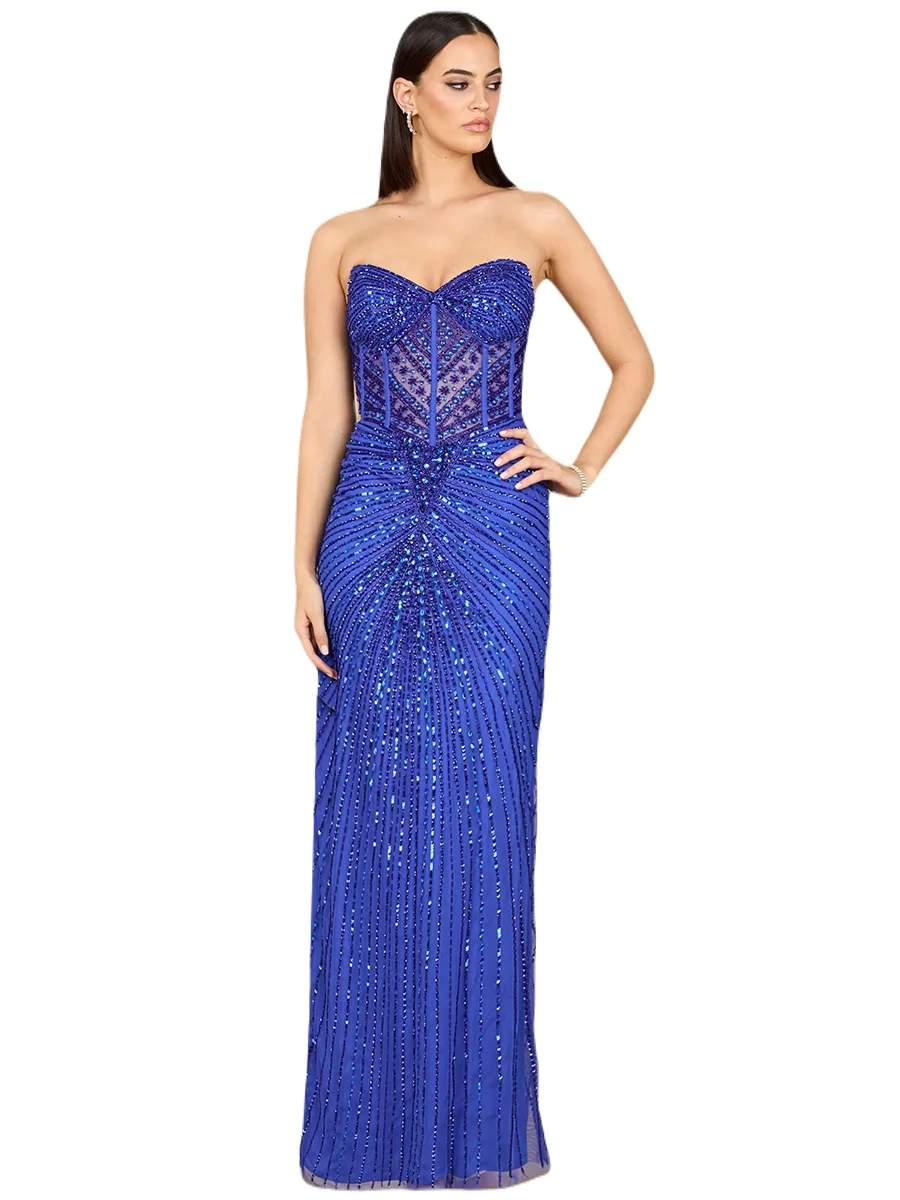 Embellished Strapless Gown with Slit by Lara