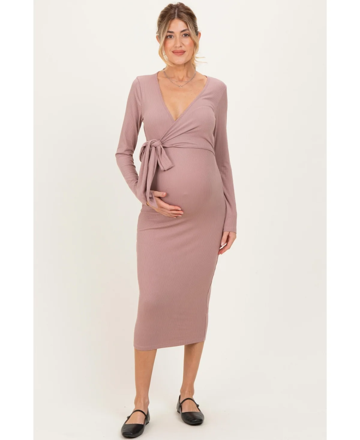 Forest Green Ribbed Long Sleeve Maternity Wrap Dress by PinkBlush