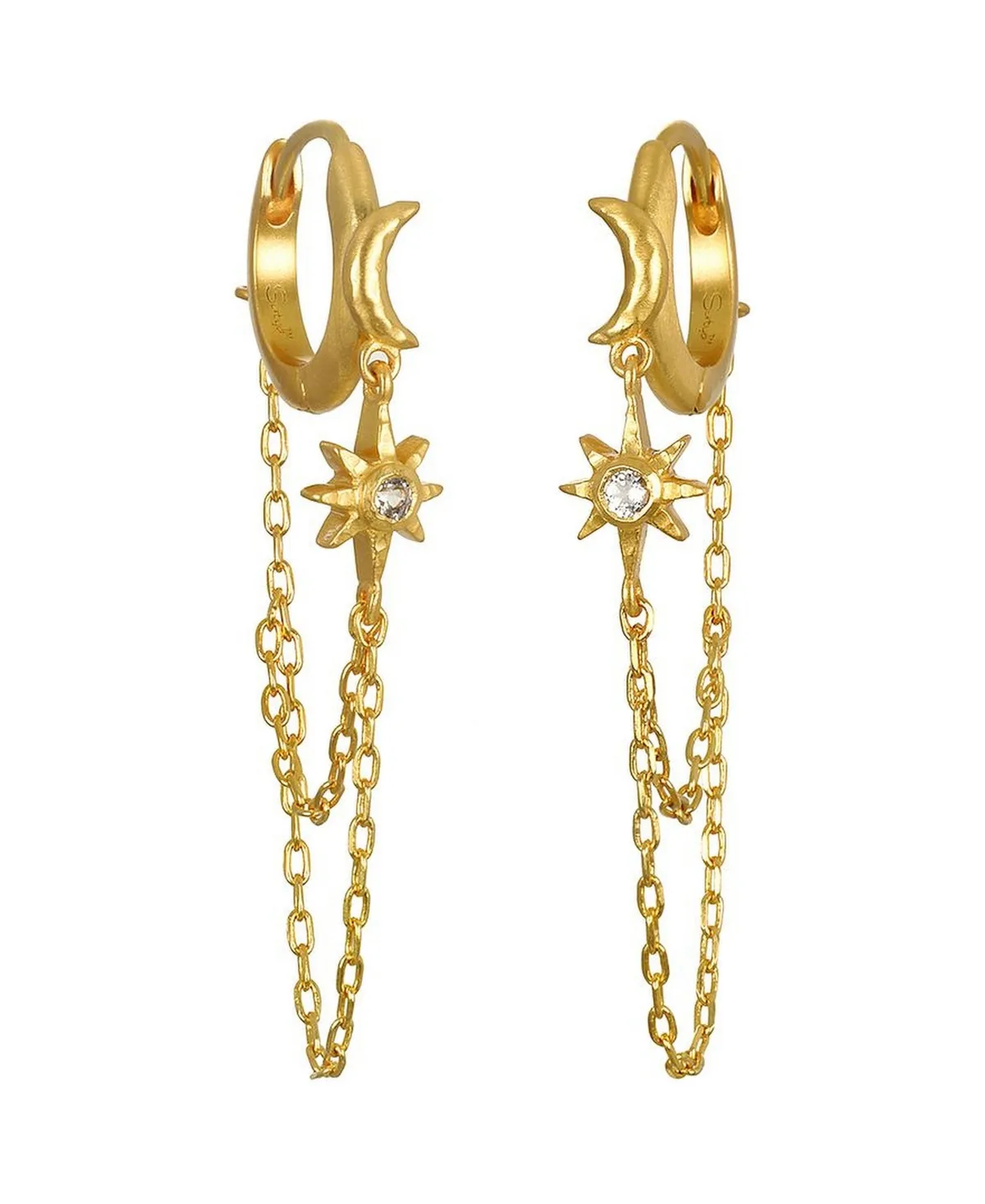 White Topaz, Gold-Tone Star Chain Huggie Hoop Earrings by Satya Jewelry