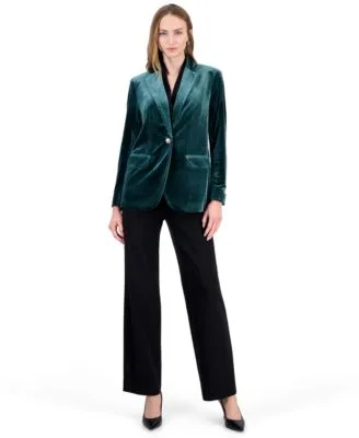 Velvet One Button Notch Collar Jacket Velvet High Rise Pull on Wide Leg Pants by Anne Klein