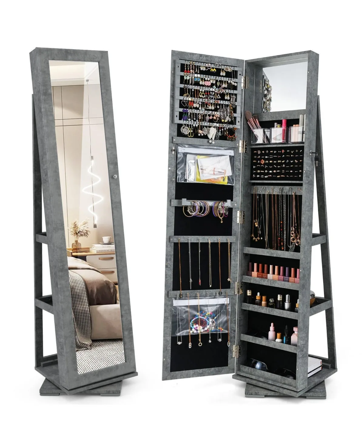 360-Degree Rotating Lockable Jewelry Armoire with Full-Length Mirror by Sugift