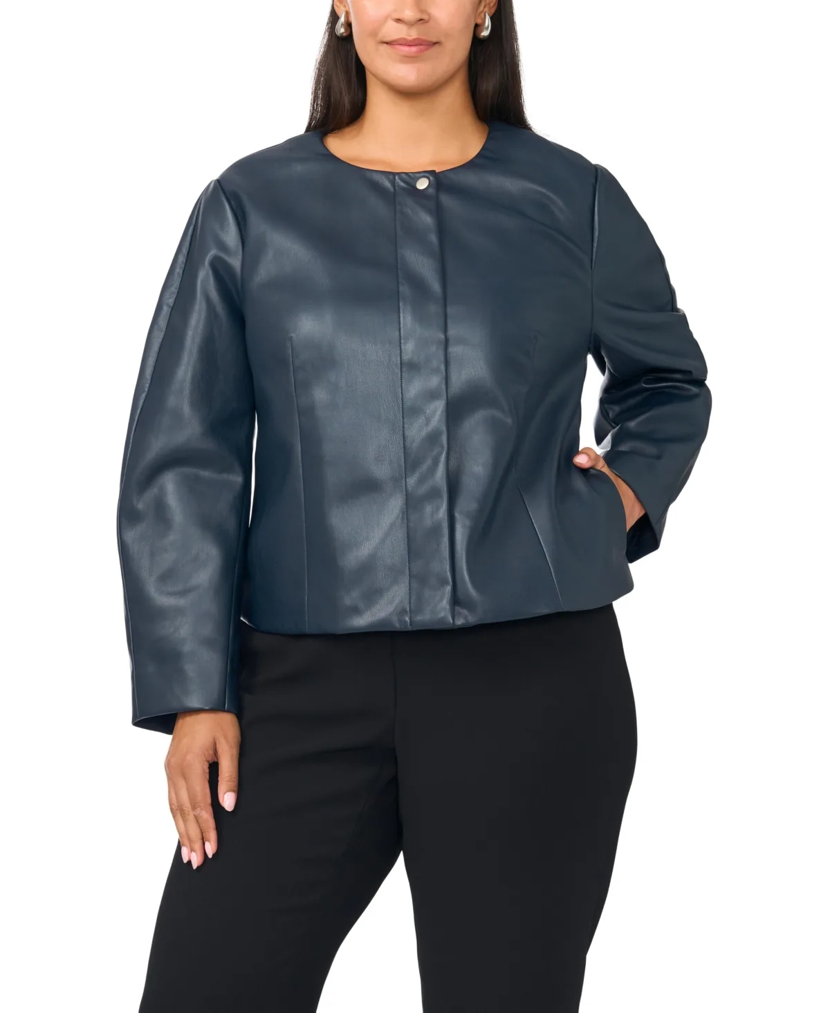 Balloon Sleeve Faux Leather Crewneck Jacket by Vince Camuto