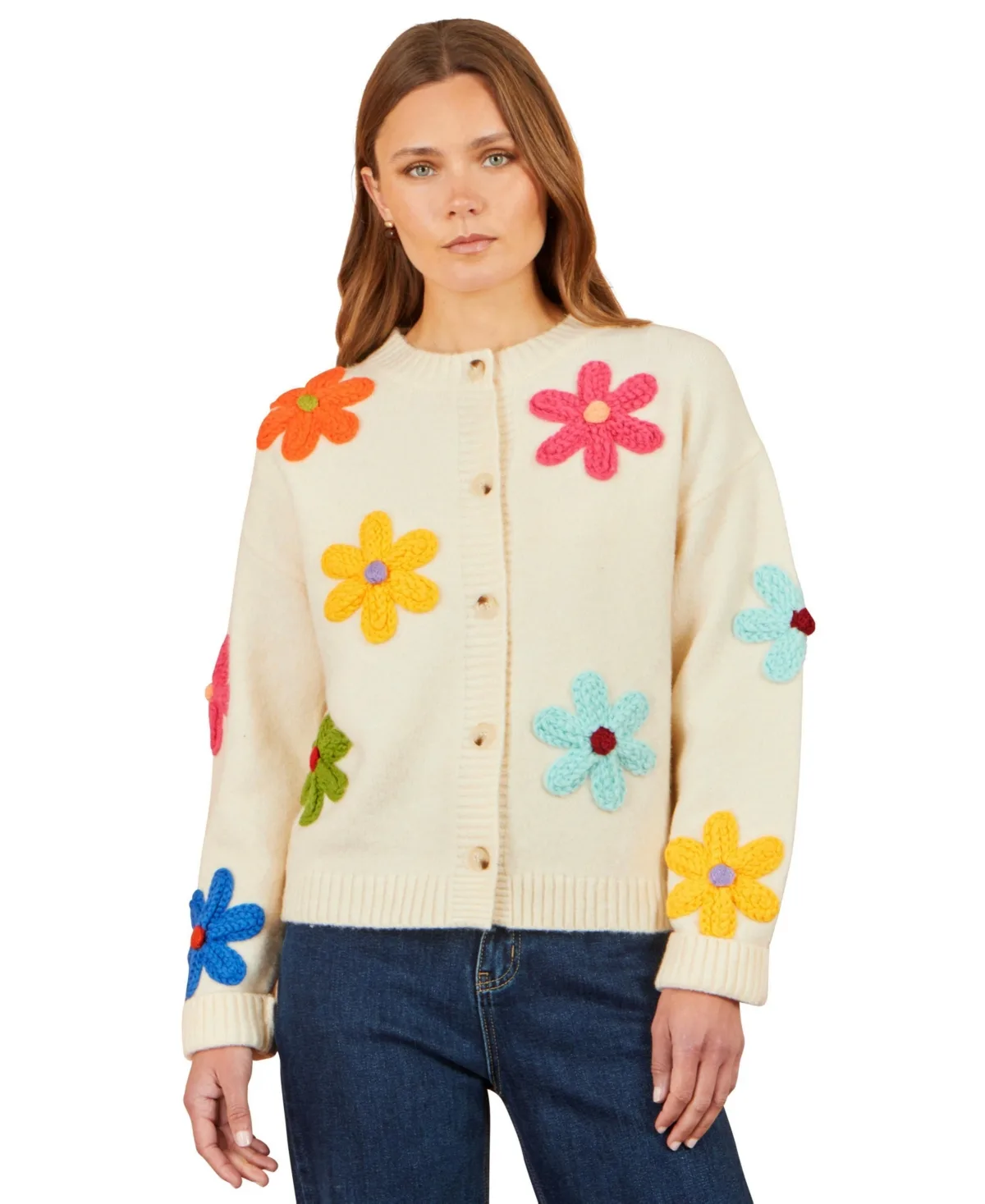 Flower Applique Button-Front Floral-Print Cardigan by Yumi