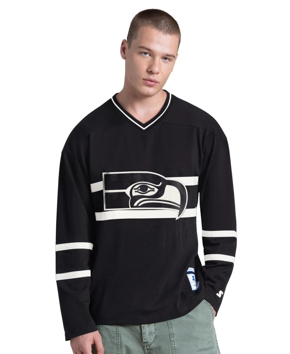 Seattle Seahawks Line Up Retro Logo Long Sleeve V-Neck T-Shirt by Starter