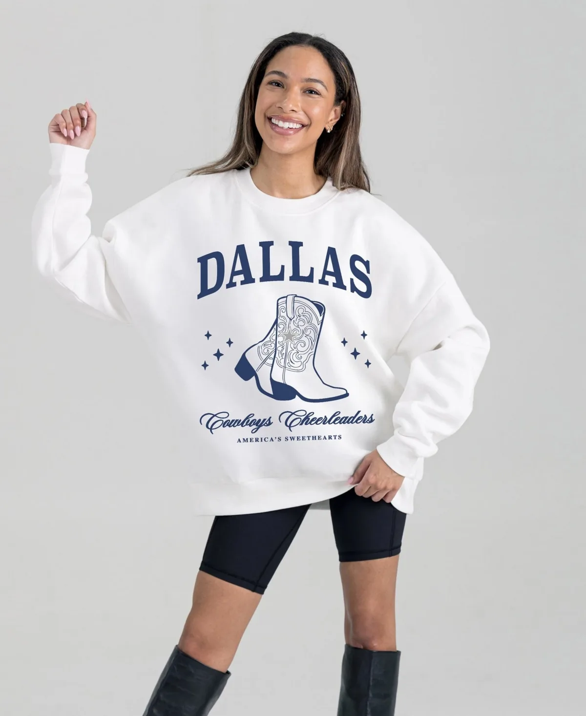 Dallas Cowboys Cheer Collection Boots Oversized Long-Sleeve Fleece Crewneck Sweatshirt by Gameday Couture