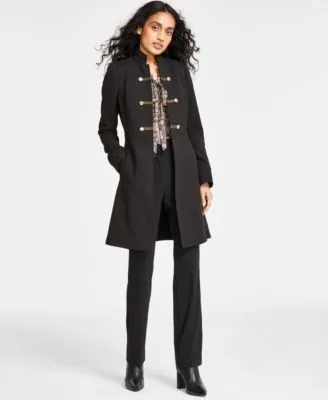 Military Long Sleeve Topper Jacket Printed Tie Neck Sleeveless Top Mid Rise Zip Front Bootcut Pants by Tahari
