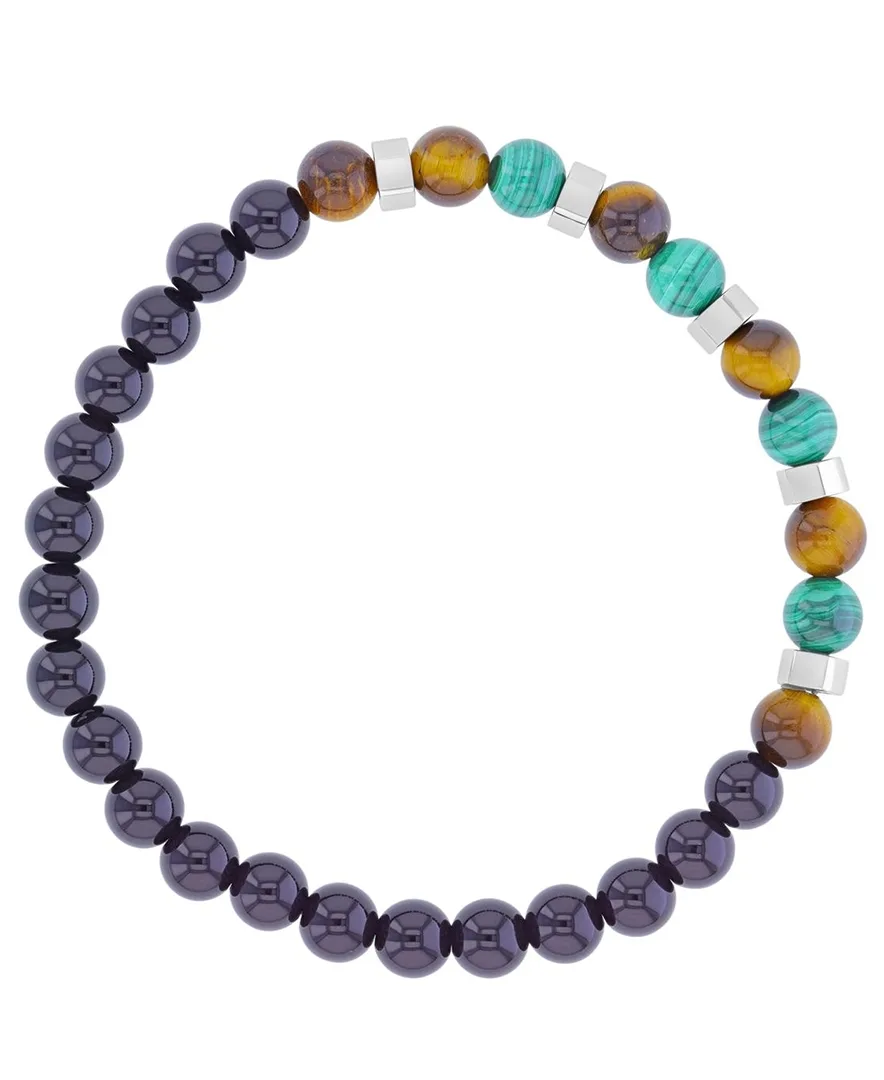 Platinum-Plated Steel Onyx Tiger Eye Malachite Stretch Bracelet by Quiksilver