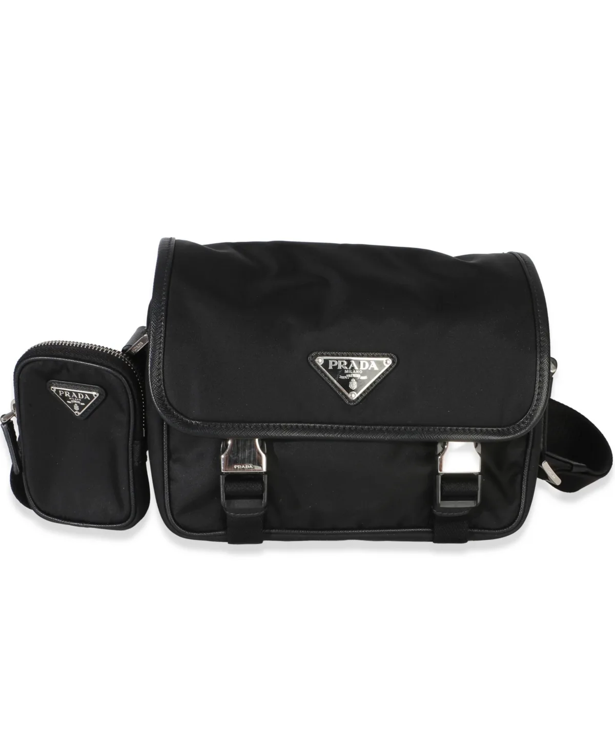 Pre-Owned Prada Black Tessuto Saffiano Double Buckle Messenger Bag by Prada
