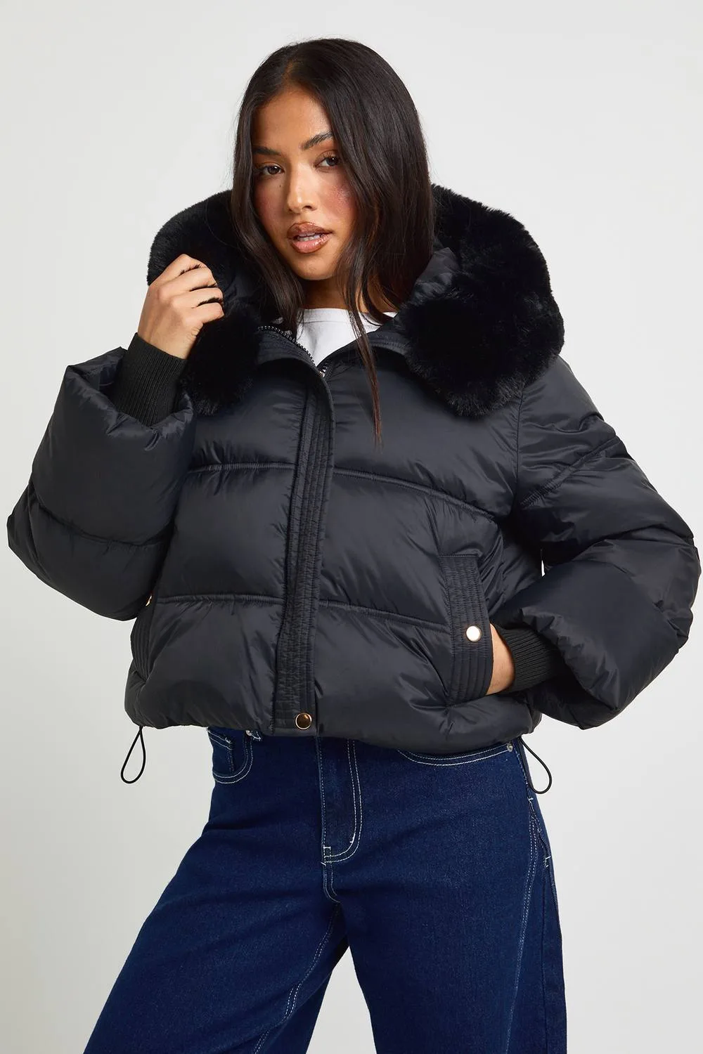 Petite Faux Fur Trim Rib Cuff Puffer Jacket by boohoo