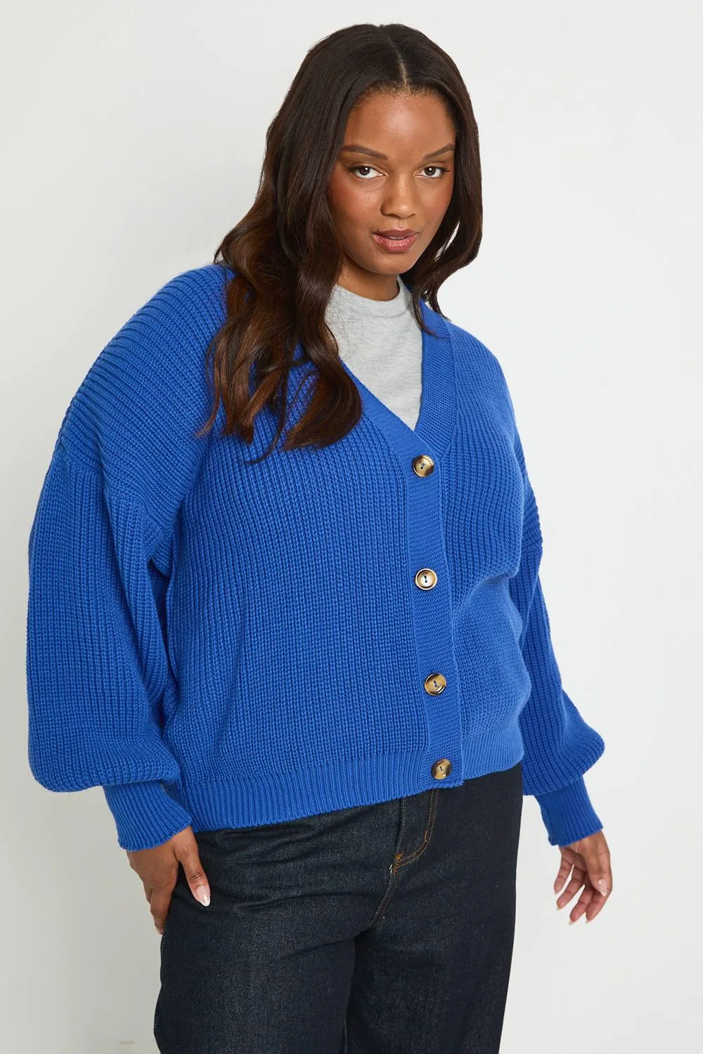 Balloon Sleeve Button Through Rib Cardigan