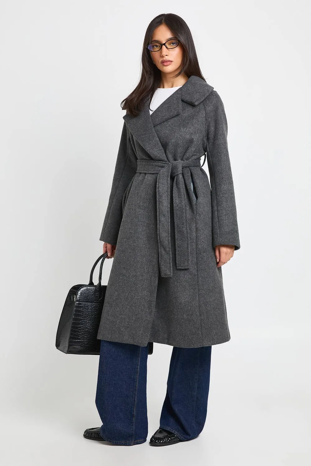Collared Belted Wool Look Coat