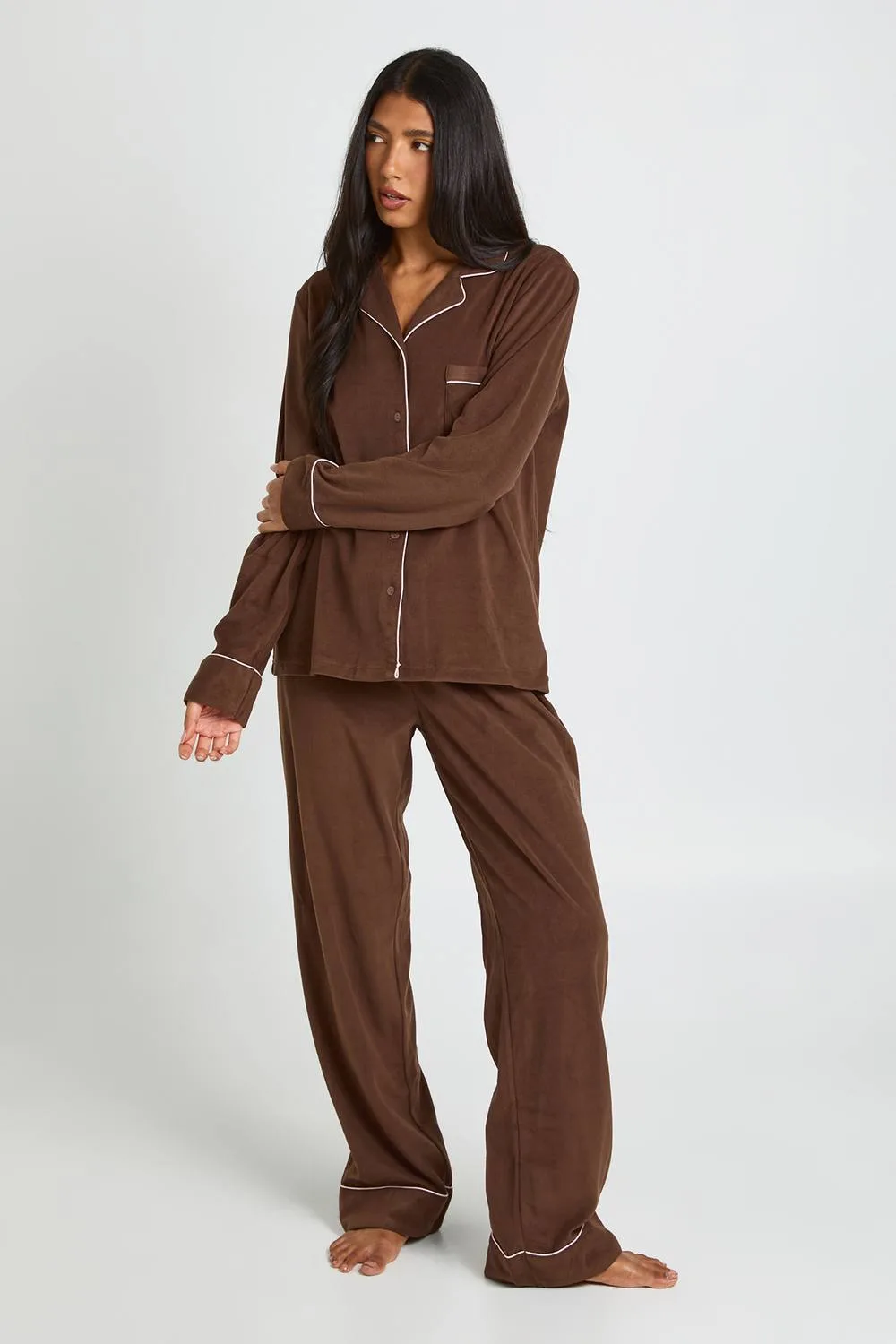 Tall Baby Fleece Piping Detail Long Sleeve Shirt & Trousers Pyjama Set by boohoo