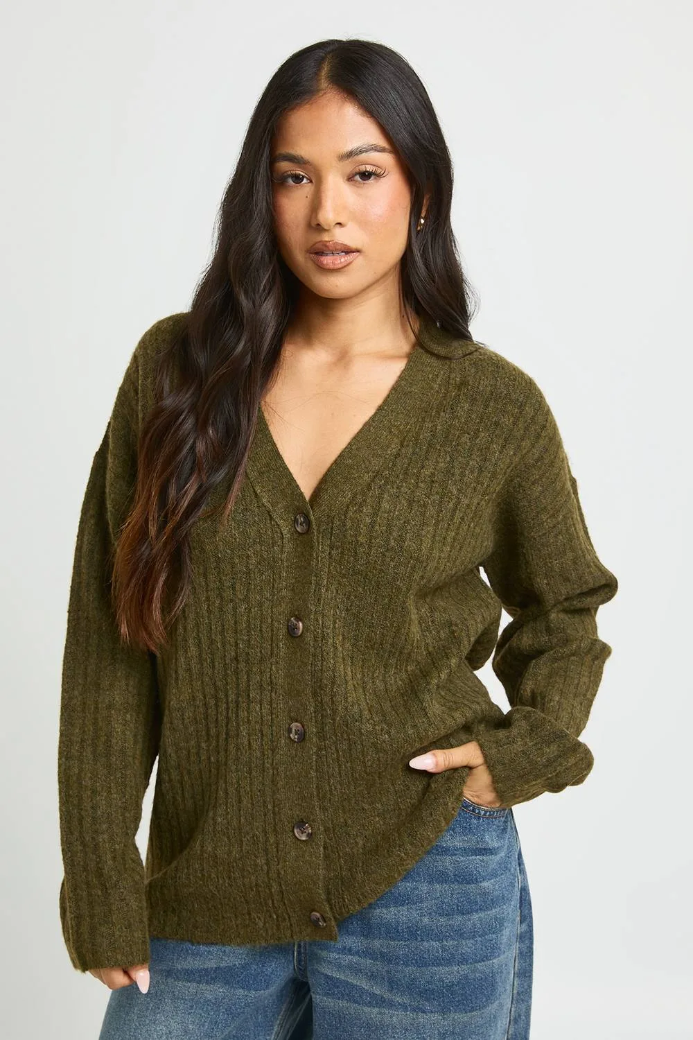 Petite Rib Knit Boyfriend Cardigan by boohoo