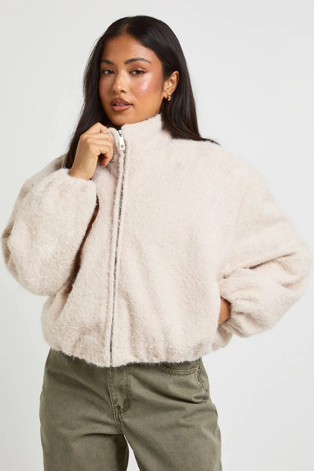 Petite Funnel Neck Wool Look Bomber Jacket - Stone by boohoo